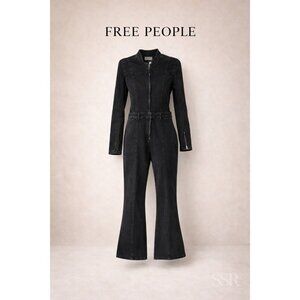 Free People We The Free Jaded One Piece Denim Jumpsuit Black Zip Front Utility L